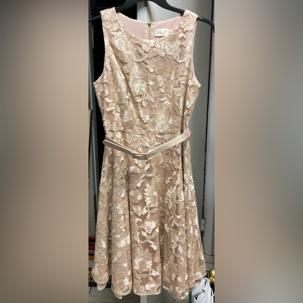 Eliza J rose pink floral embroidered flare dress with belt